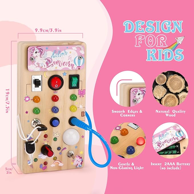 Unicorn Wooden Busy Board Sensory Toys with 8 LED Light switches,Christmas Travel Toys Montessori Toys for 1 Year Old Babies Toodler