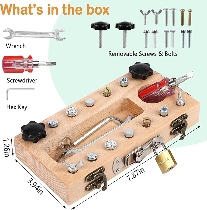 Screwdriver Board Set - Montessori Toys for 3 4 5 Year Old with Lock and Key, Wooden Sensory Toddler Screwd Tool Set