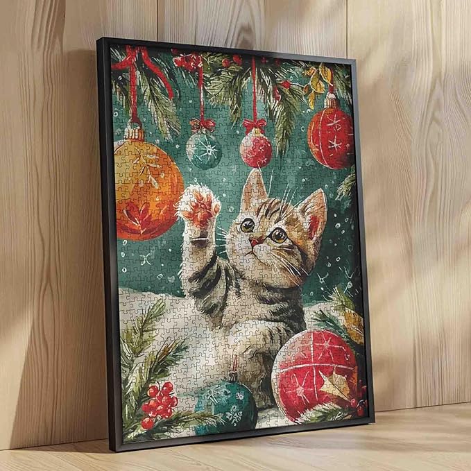 Merry Christmas 1000 Piece Jigsaw Puzzles for Adults Cat Playing with Xmas Balls Painting Jigsaw Puzzle 1000 Animal/Wildlife Puzzles 20''x27”inch DIY Craft Puzzle Art Wall Decor Family Challenging