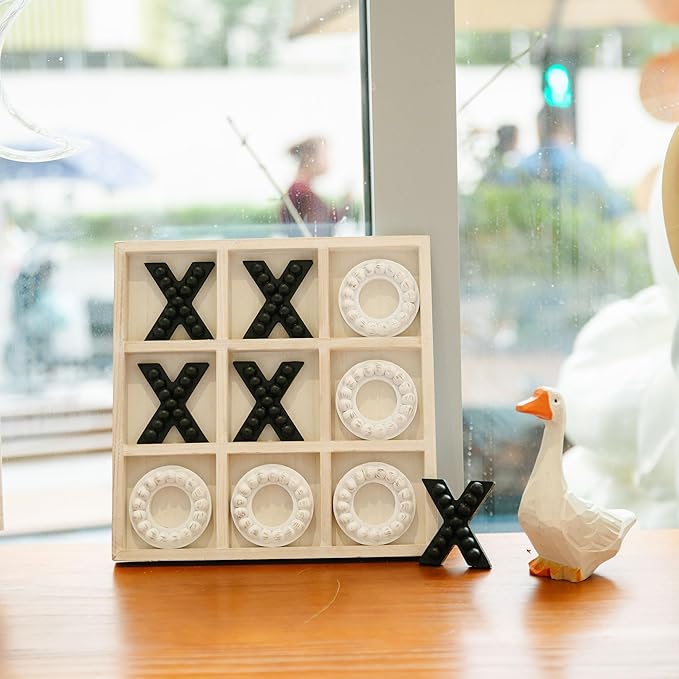 GENMOUS Wooden Tic Tac Toe Game Board for Seniors Family Indoor Game, 10.6 Inch White Rustic Giant Tic Tac Toe Coffee Table Decor, Tic Tac Toe Board Game Fun for Family Travel Outdoor Room Decor