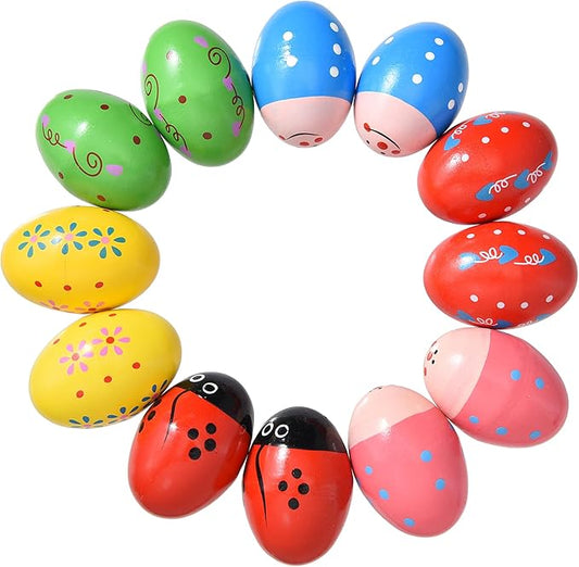 Easter Basket Stuffers, 12 Pcs Wooden Easter Eggs for Kids Babies, Egg Shakers Musical Percussion Instruments for Valentines Easter