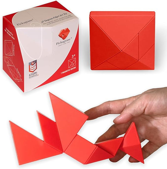 Pickagram Tangram 3D Magnetic Puzzle for Kids (8-12), Adults & Seniors | STEM Certified Fidget Puzzle - Magnetic Pattern Blocks for Cognitive Development, Creativity & Focus - Red