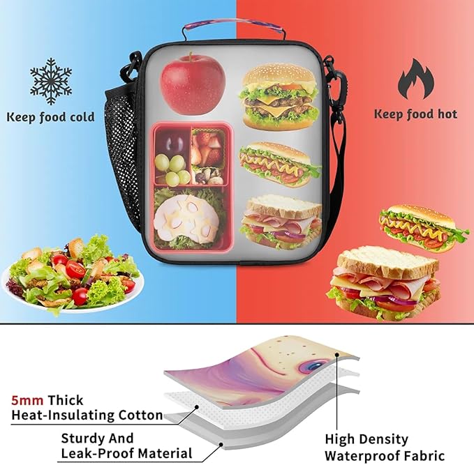 Insulated Lunch Box for Girls Kids Axolotl Lunch Bags Reusable Portable Lunchbox with Adjustable Shoulder Strap and Water Bottle Holder for Work School Travel