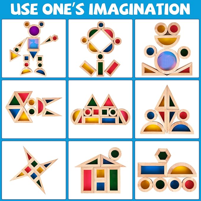 Wooden Rainbow Building Blocks for Kids 32 Pcs Rainbow Stacker Stacking Blocks Game Colorful Construction Toys Preschool Learning Educational Toys -Geometry Wooden Blocks for Boys & Girls