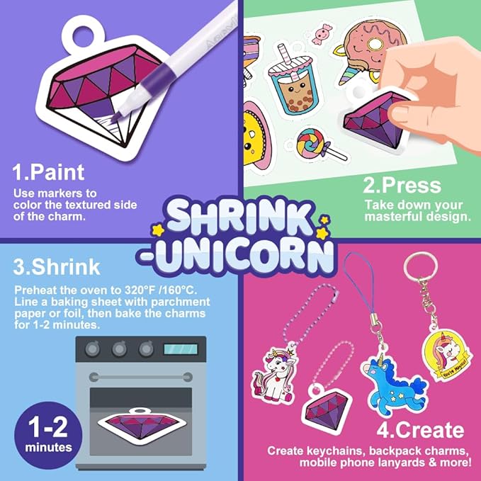 89PC DIY Unicorn Shrinking Plastic Art Kit - 46 Pre-Cut Shapes, 12 Markers & Accessories - Make Charms, Keychains & Tags - No-Mess Craft for Kids - Birthday Gift with Shrinking Plastic Sheets