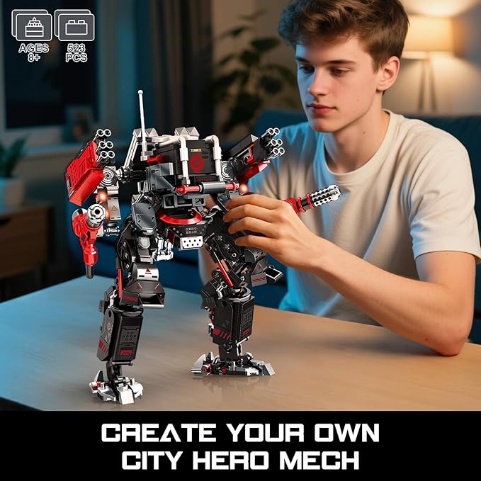 HIGH GODO Crimson Fighter Mech Robot Transforming Building Blocks Set for Adults,City Warrior Justice Hero Soldier Mech Model Building Kit, Cool Creative Robots Toys Gift for Teens Boys, 523 Pieces