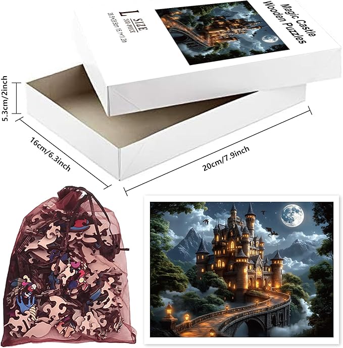 GLOBLELAND 300Pcs Night Magic Castle Wooden Jigsaw Puzzles for Adults 11.22x15.16inch Colorful Dragon and Castle Wood Puzzles for Holidays Birthday Gifts