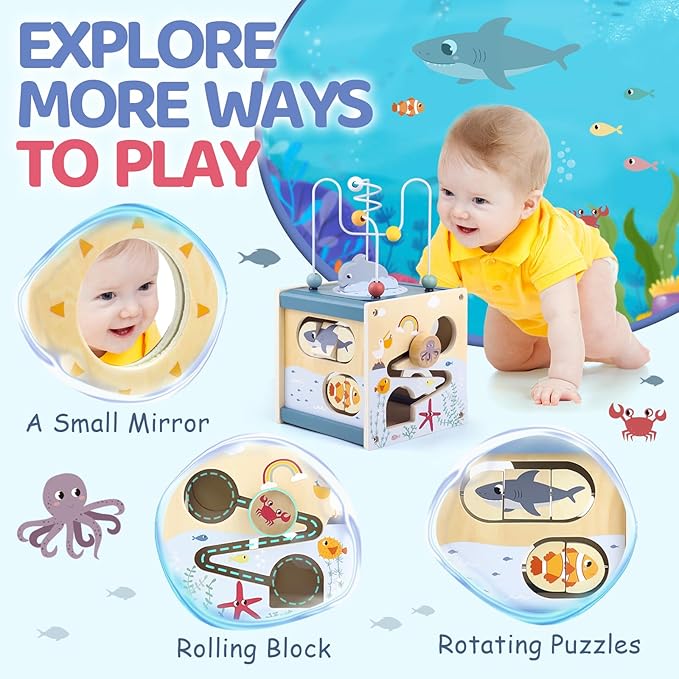 Wooden Activity Cube Montessori Toys for 1 Year Old Toddlers 12 Months + Toddler Learning Toys 1-3 Boys Girls Baby Sensory Interactive Birthday Gift