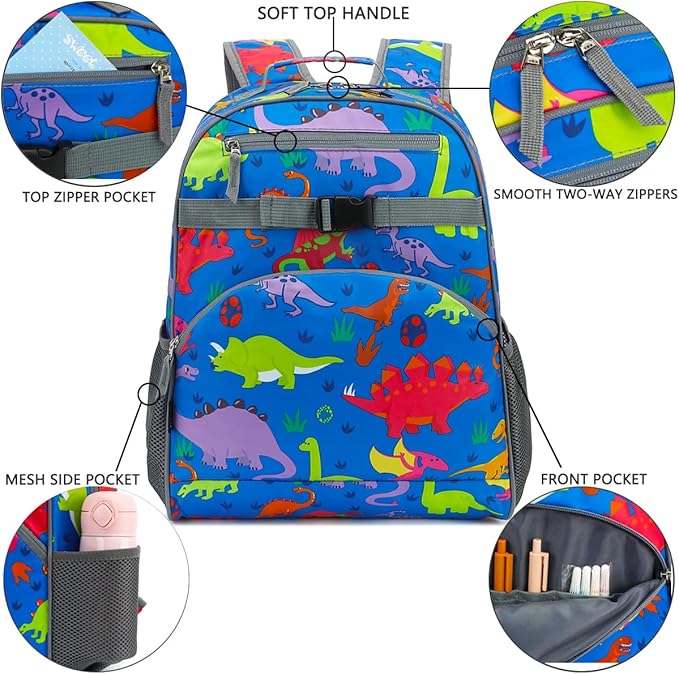 FlowFly Kids Backpack for Toddler Boys Girls, Simple Lightweight Bookbag for Daycare Kindergarten Elementary School Travel, Small Modern Bag (Large), Dinosaur
