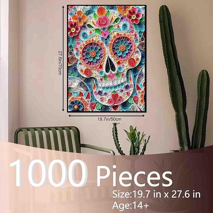 Tucocoo Skull 1000 Piece Puzzle for Adults Colorful Flowers Paper Art Vibrant Jigsaw Puzzles Fun and Challenging Puzzle Stress Relief Activities Family Games Night Home Wall Decor Gift 27x20 Inch