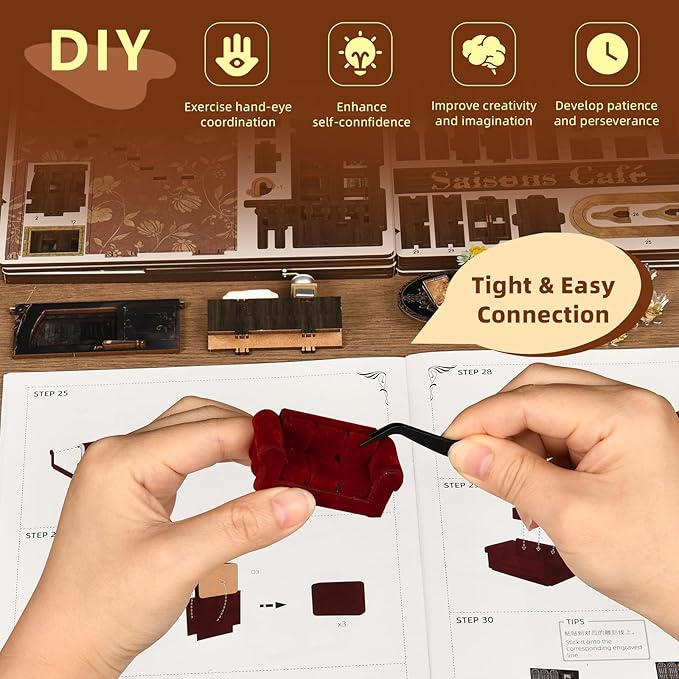 Book Nook Kit, DIY Doll House Booknook, Miniature Kit for Bookshelf Doll Houses for Adults Teen Halloween, 3D Wooden Puzzle Bookends with Led Light and Dust Cover (Saisons Café)