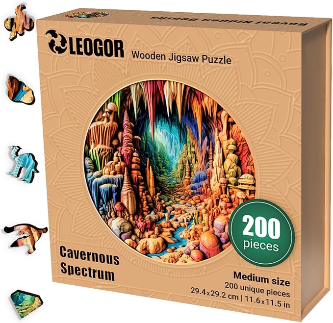 LEOGOR Wooden Jigsaw Puzzles for Adults 200 Pieces (11.6 × 11.5 in), Cave Puzzle, Extra-Thick 5mm Wood, Round 3D Mosaic Design, Unique Animal Shapes, Relaxing Artistic Gift for Adults and Teens