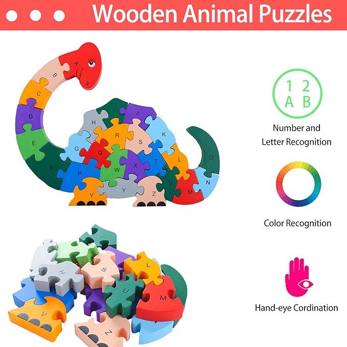 LovesTown Wooden Animal Puzzles for Toddlers, Alphabet Building Blocks for Kids, Preschool Letters and Numbers Learning Puzzle, 2 PCS