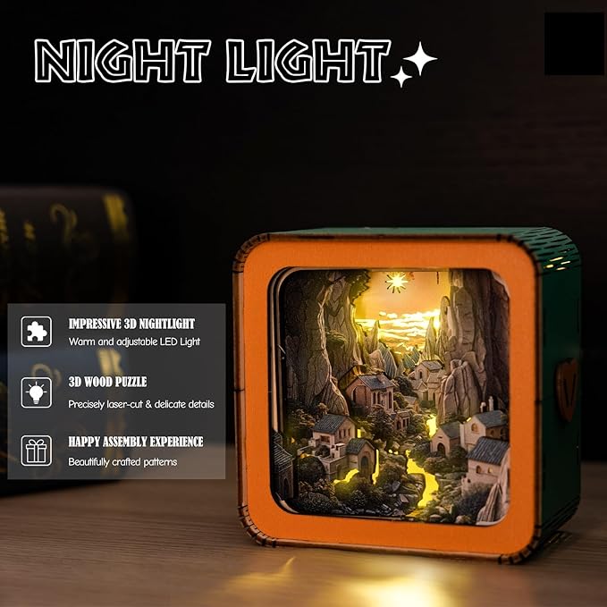 3D Puzzle Nightlight-DIY LED Light Canyon Village Wooden Puzzle-Art Lamp and Craft Kits for Kids and Adults-Birthday Gifts Toys-Home Desk Decor Family Game