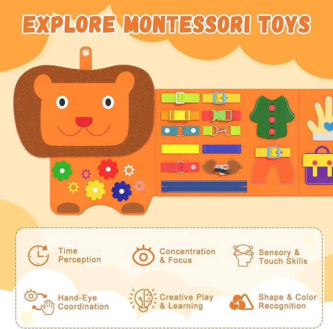 Lion Montessori Busy Board - Sensory Wall Panel for Kids, Felt Activity Cube for Toddlers, Daycare Toys and Playroom Furniture Essentials, Wall Mounted Sensory Board Toy Gift for Boys Girls, 3-6
