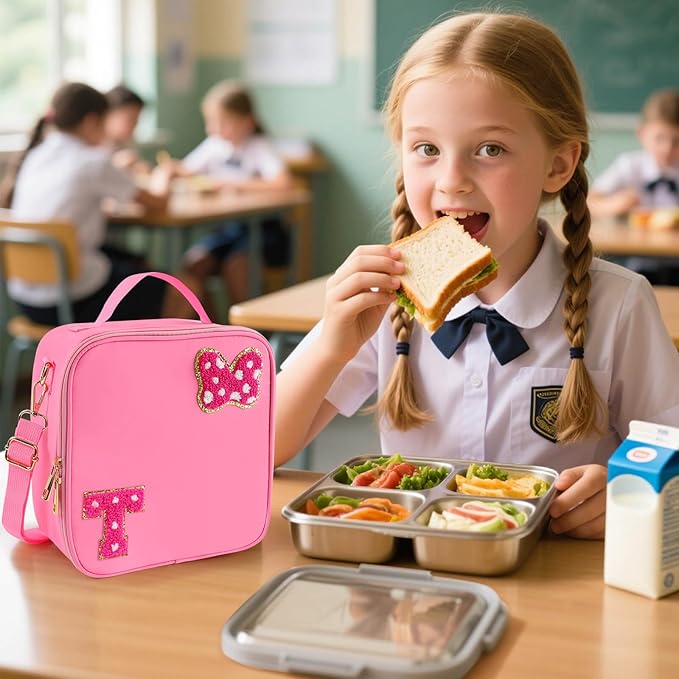Preppy Initial Bow Mouse Lunch Bag, Kids Insulated Lunch Box Gifts for Teen Girls Daughter, Reusable Soft Lunch Containers Crossbody Cooler Bag Must Haves for Park Travel School Work Picnic Pink T
