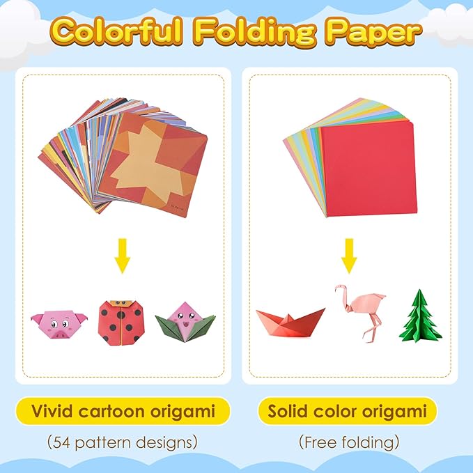 158 Sheets Origami Paper Kit for Kids Ages 5-8 8-12 with Guiding Book DIY Art and Crafts Supplies Kits for Girls and Boys Square Easy Fold Paper Travel Activities Birthday Christmas Gifts
