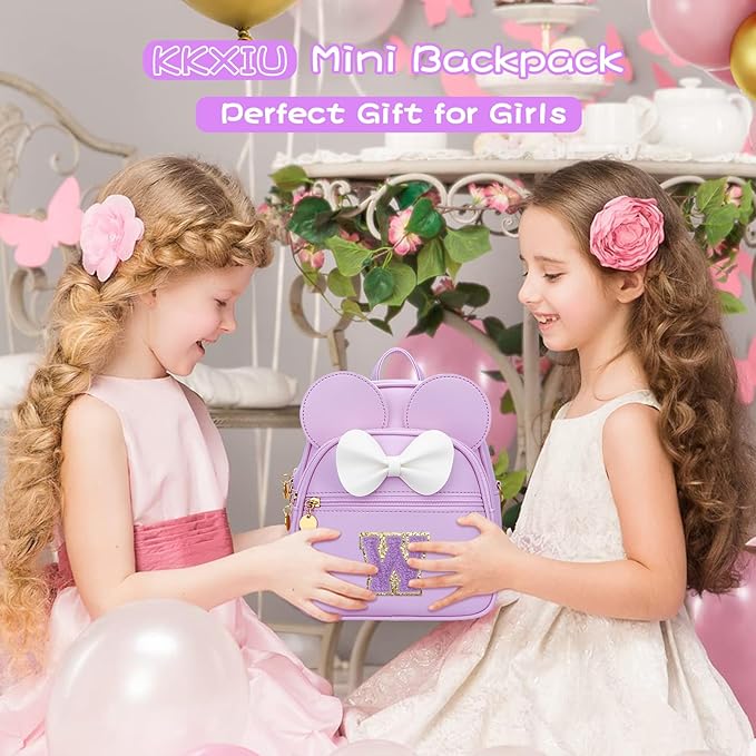 KKXIU Girls Initial Bowknot Cute Mini Backpack for Toddler, Travel Small Girl Backpacks, Personalized Trendy Stuff Gift for Little Girls and Kids(W, Purple)