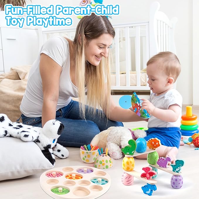 Aliex 4 in 1 Montessori Dinosaur Toys 12+ Months Boys Girls, Wooden Blocks Stacking Balance Toys Stick Color Sorting Egg Puzzles Matching Game,Preschool Education Learning Gift for Toddlers 1 2 3 4