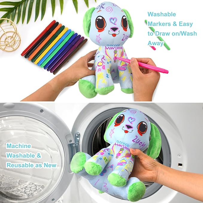 Coloring Plush Toy with 12 Washable Markers for Little Girls Doodle Dolls Arts and Crafts Soft DIY Washable Doodle Stuffed Animal Toy for Kids Ages 4-6 Birthday (Green Puppy)