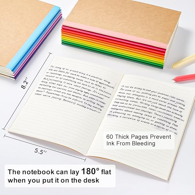feela 48 Pack Composition Notebooks Bulk, Kraft Cover Lined Blank College Ruled Composition Travel Journals with Rainbow Spines For Women Students Business, 60 Pages, 8.3”x 5.5”, A5, 16 Colors