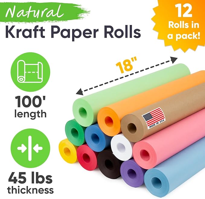 18" x 1200" (100 ft) Pack of 12 Rolls USA Made Multi-Color Kraft Paper Rolls Set, 45 lbs – Colored Paper for Arts and Crafts, DIY Projects, Gift Wrapping, Packing