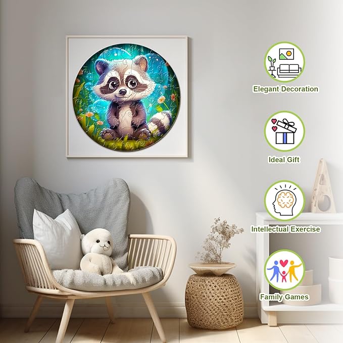 Wooden Puzzles for Kids Ages 4-8, Cute Raccoon Puzzle, Unique Animal Shaped Wooden Jigsaw Puzzles for Kid, 50 Pieces Puzzles for Kids(50pcs,11.4 * 11.4in)