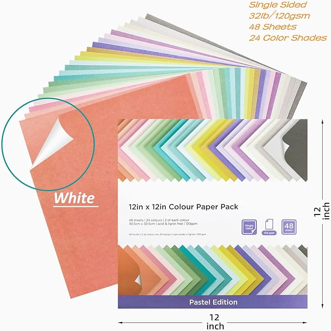 48 Sheets Pastel Color Scrapbook Paper 12x12 Inch 24 Assorted Colored Card stock 120 gsm 32 lb Rainbow Paper for Cardmaking, Assorted Color Shading Projects,Origami,Classroom Crafts
