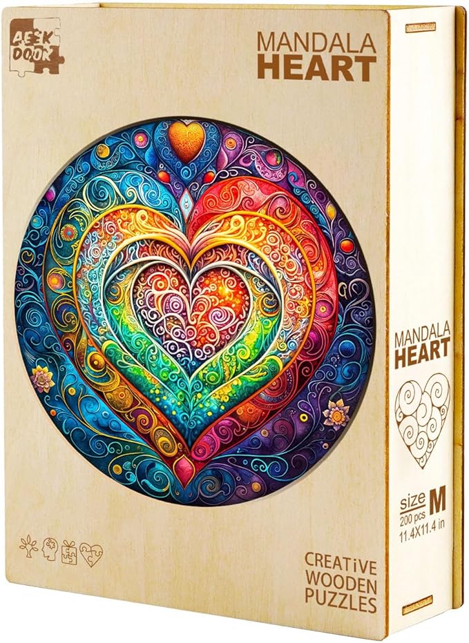Wooden Puzzles for Adults - 200 Pieces Mandala Heart Wooden Puzzle - Unique Animal Shape Wood Cut Puzzles - Eco-Friendly Home Office Decor (M-11.4 * 11.4in)