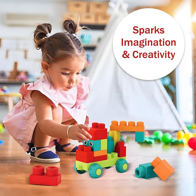 Soft Building Blocks STEM Montessori Preschool Learning Stacking Sensory Toys, Large Construction Block Set, Rubber Blocks 12-18 Months Block Bag with 42 Pieces and Storage