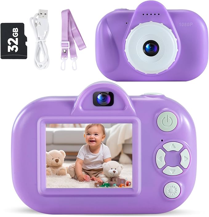 Kids Camera Selfie Digital Camera for Age 3-8, 1080P HD Toddler Video Camera with 32G SD Card, Toddler Girls Toys Age 6-8, Christmas Birthday Gifts for Children, Lilac Purple