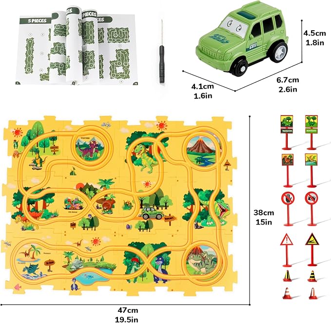 Plastic Dinosaur Puzzles for Kids with A Cute Car, Montessori Toys for 3 4 5 6 Year Old Boys, Race Tracks for Kids 3-5, Toddler Puzzle Track Play Set, Gifts for 3 4 5 6 Year Old Boys Toys
