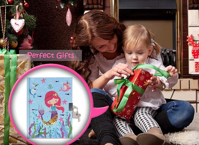 GINMLYDA Girls Diary with Lock for Kids, Mermaid Diaries 7.1x5.3 160 Pages Cute Girl Journal Secret Notebook with Lock and Key for Little Kid Writing Drawing Gift for Pre school Age 6,8,12