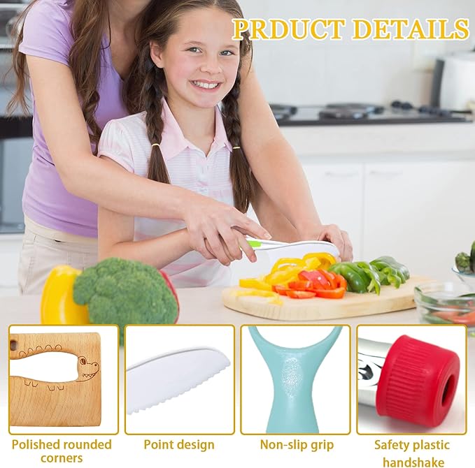 RISICULIS Wooden Kids Cooking Sets Real, Kids Knife Set Include Wood Kids Safe Knife, Serrated Edges Plastic Toddler Knife, Sandwich Cutter, Toddler Kitchen Kids Cooking Gifts for Kids
