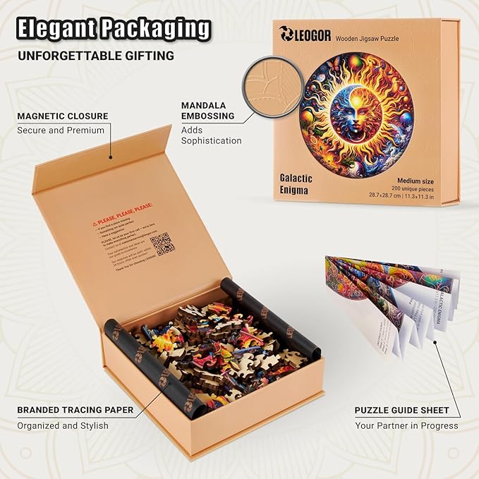 LEOGOR Wooden Jigsaw Puzzles for Adults 200 Pieces (11.3 × 11.3 in), Sun Moon Puzzle, Extra-Thick 5mm Wood, Round Mosaic Puzzle, Unique Animal Shapes, Relaxing Artistic Gift for Adults and Teens