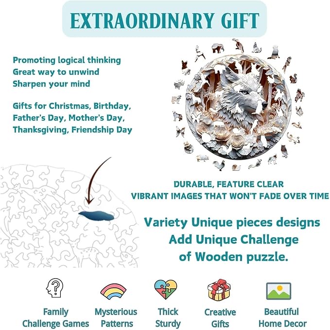 Wooden Puzzles Adults, 3D Wolf Puzzles 300 Pieces, Unique Animal Shaped Wood Challenging Jigsaw Christmas Puzzles Gifts for Adults, 13.4x13.4in