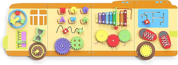 BlueWood School Bus Wall Busy Board Panels, Toddler Learning Activity Center, Montessori Philosophy Sensory, Educational Toys, Conducive to All-Round Development