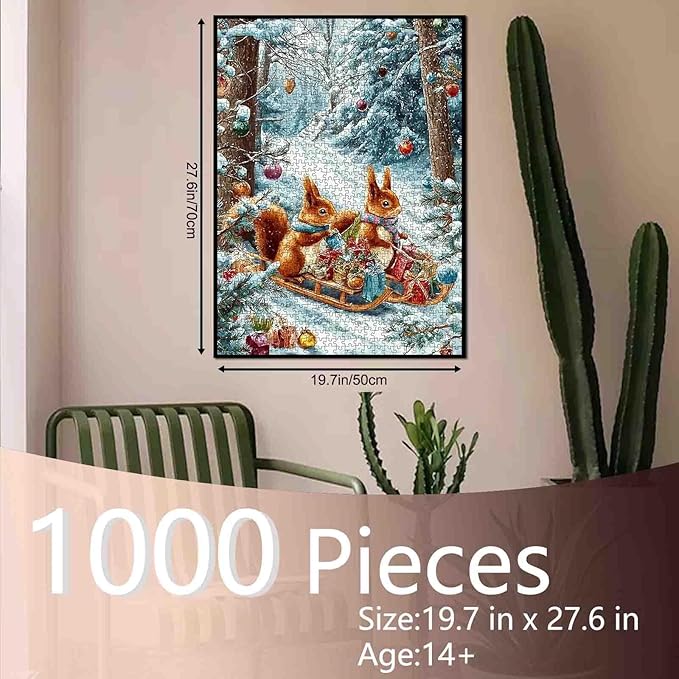 Christmas Day 1000 Piece Jigsaw Puzzles for Adults Squirrel Delivery Gift Scene Painting Jigsaw Puzzle 1000 Winter Wonderland Puzzles 20''x27”inch DIY Craft Puzzle Art Wall Decor Family Challenging