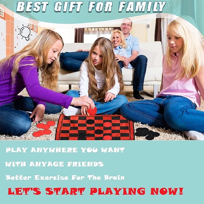 3 in 1 Giant Checkers Game Set,Super Tic Tac Toe,Including Reversible Rug with 24 Checkers,Indoor and Outdoor Activity for Kids or Adults,Board Game,Yard Game