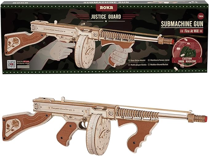 ROKR 3D Wooden Puzzles for Adults 275pcs Submachine Shooter Rubber Bands Wood Crafts DIY Building Model Kits Assembly Puzzle Gifts for Men Women Adults