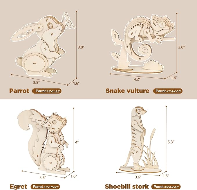 ELX 3D Wooden Animal Puzzles for Kids 6+, 4 Piece Set Animal Models, Wood Building Craft Kits Stem Toys peresents for Kids and Adults