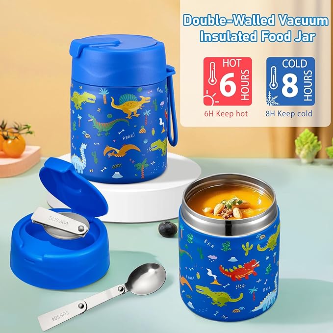 Bento Lunch Box for Kids with 17oz Soup Thermo,Insulated Tumbler Water Bottle and Insulated Lunch Bag,Leak-Proof 3 Compartment Lunch Food Container with with Ice Pack for Kids to School-Dinosaur