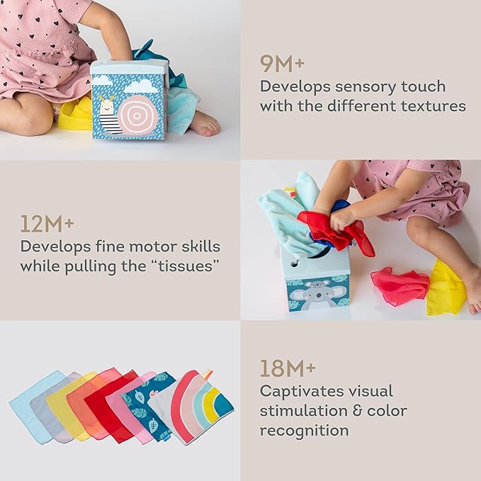Taf Toys Sensory Crinkle Tissue Box for Toddlers. STEM Montessori Toy with Colorful Soft Scarves and Crinkling Blankies