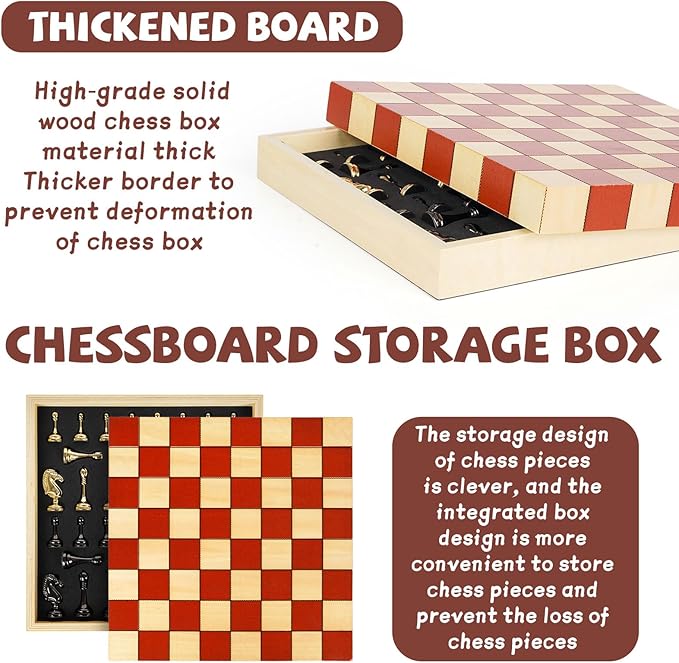 Metal Chess Set for Adults & Kids with Metal Chess Pieces –Wooden Chess Board Game with Portable Storage Case, Classic Strategy Family Board Game Gift Travel Chess Set