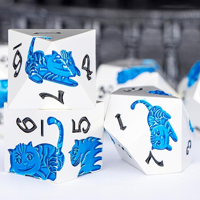Metal DND Cat Dice 7PCS Polyhedral RPG Dice Set with Gift Case for Dungeons Dragons Role Playing Game, D and D Dice D6 D8 D10 D12 D20 D% (Silver Blue)