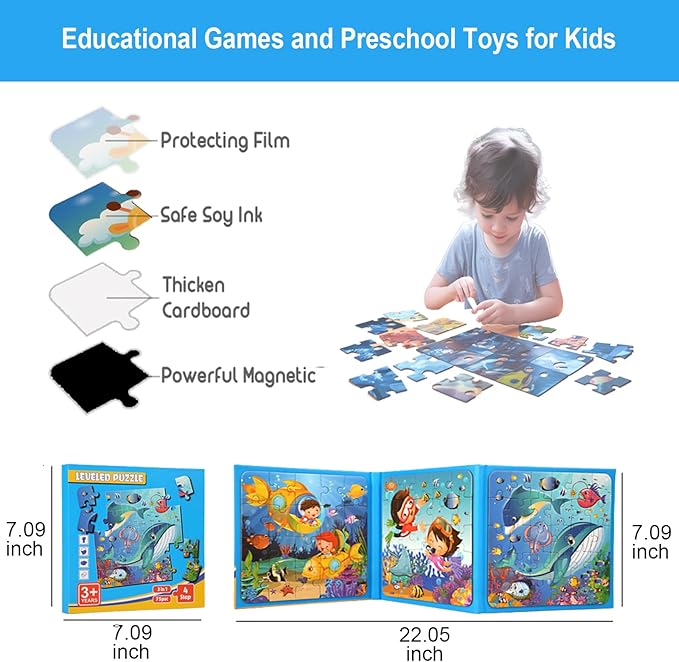 2 Pack Magnetic Puzzles Toys for Kids Age 3-5, Magnets Puzzle for Childrens, Ideal Gifts for Toddler, Educational Sensory Wooden Puzzles, Preschool Toys (2 Pack, Vehicles + Ocean)