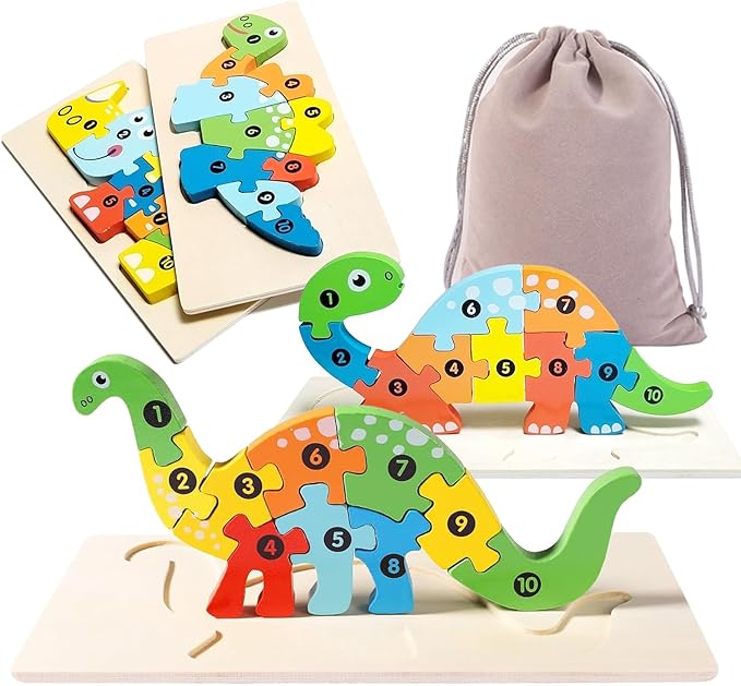 4-Pack Wooden Puzzles for Kids Ages 3-5, 3 Dinosaurs and an Animal Puzzles, Ideal Gift for Toddler