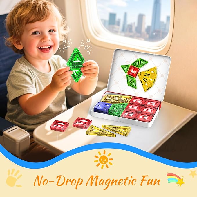 Mini Magnetic Tiles for Kids Ages 3-8, Travel Magnetic Building Blocks with Metal Storage Box, STEM Educational Toys, Montessori Sensory Learning Toys for Toddlers, Boys & Girls Gift