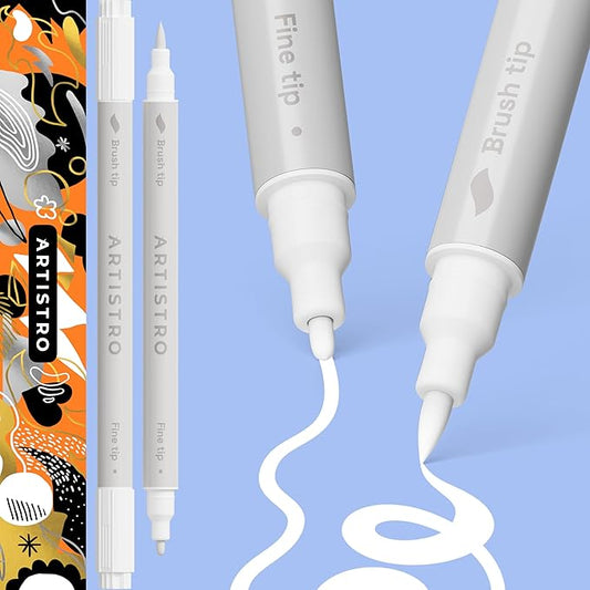 ARTISTRO 2 White Dual-Tip Acrylic Paint Pens - Multisurface Markers for Glass, Rock, Fabric, Wood, Plastic & More - 1 mm Fine & Brush Tips
