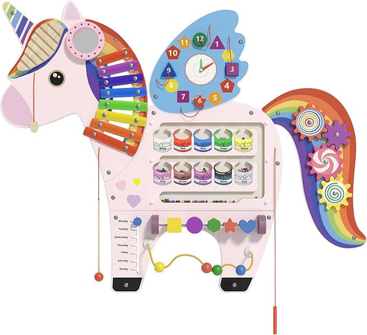 Unicorn Activity Wall Busy Board Panels - Sensory Wall Panel for Kids, Montessori Toddler Wall Activity Board, Wall Toys for Toddlers 3, Activity Cube, Perfect for Toddler Playroom, Pink